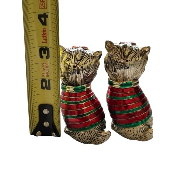 Yorkie Dogs Silver Metal Salt Pepper Shakers Green Red Enamel Sweaters Yorkshire - Picture 7 of 10